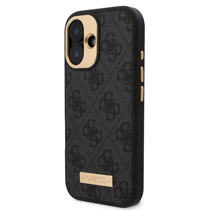 Apple iPhone 16 Plus Kılıf Guess Orjinal Lisanslı M-safe Şarj Özellikli PU 4G Desenli Metal Plaka Klasik Logolu Kapak Pembe