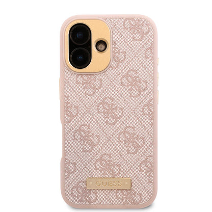 Apple iPhone 16 Plus Kılıf Guess Orjinal Lisanslı M-safe Şarj Özellikli PU 4G Desenli Metal Plaka Klasik Logolu Kapak Pembe