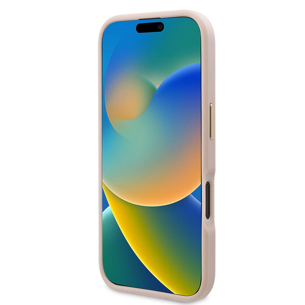 Apple iPhone 16 Plus Kılıf Guess Orjinal Lisanslı M-safe Şarj Özellikli PU 4G Desenli Metal Plaka Klasik Logolu Kapak Pembe