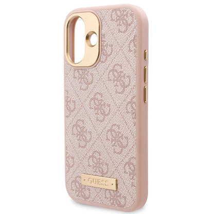 Apple iPhone 16 Plus Kılıf Guess Orjinal Lisanslı M-safe Şarj Özellikli PU 4G Desenli Metal Plaka Klasik Logolu Kapak Kahverengi