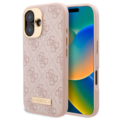 Apple iPhone 16 Plus Kılıf Guess Orjinal Lisanslı M-safe Şarj Özellikli PU 4G Desenli Metal Plaka Klasik Logolu Kapak Siyah