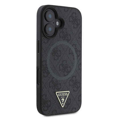 Apple iPhone 16 Plus Kılıf Guess Orjinal Lisanslı M-safe Şarj Özellikli PU Üçgen Logo 4G Desenli Kapak Siyah