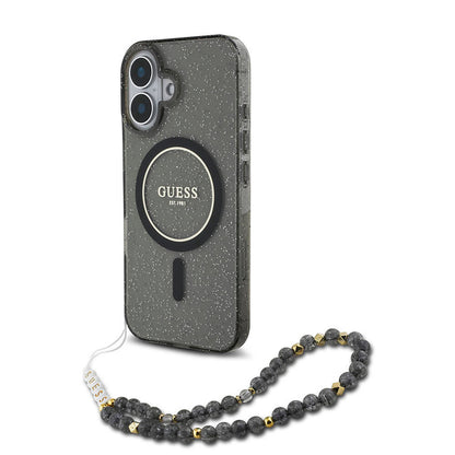 Apple iPhone 16 Plus Kılıf Guess Orjinal Lisanslı M-safe Şarj Özellikli Simli Silikon İnci Bileklikli Kapak Pembe