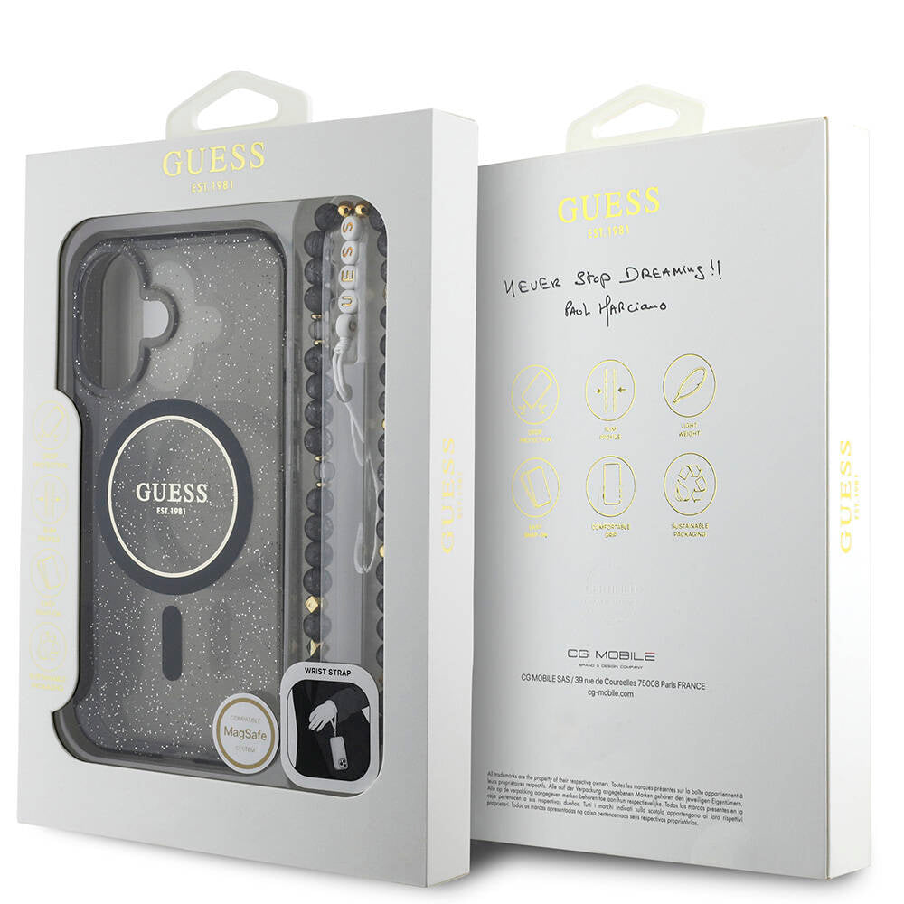 Apple iPhone 16 Plus Kılıf Guess Orjinal Lisanslı M-safe Şarj Özellikli Simli Silikon İnci Bileklikli Kapak Siyah