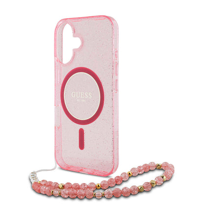 Apple iPhone 16 Plus Kılıf Guess Orjinal Lisanslı M-safe Şarj Özellikli Simli Silikon İnci Bileklikli Kapak Pembe