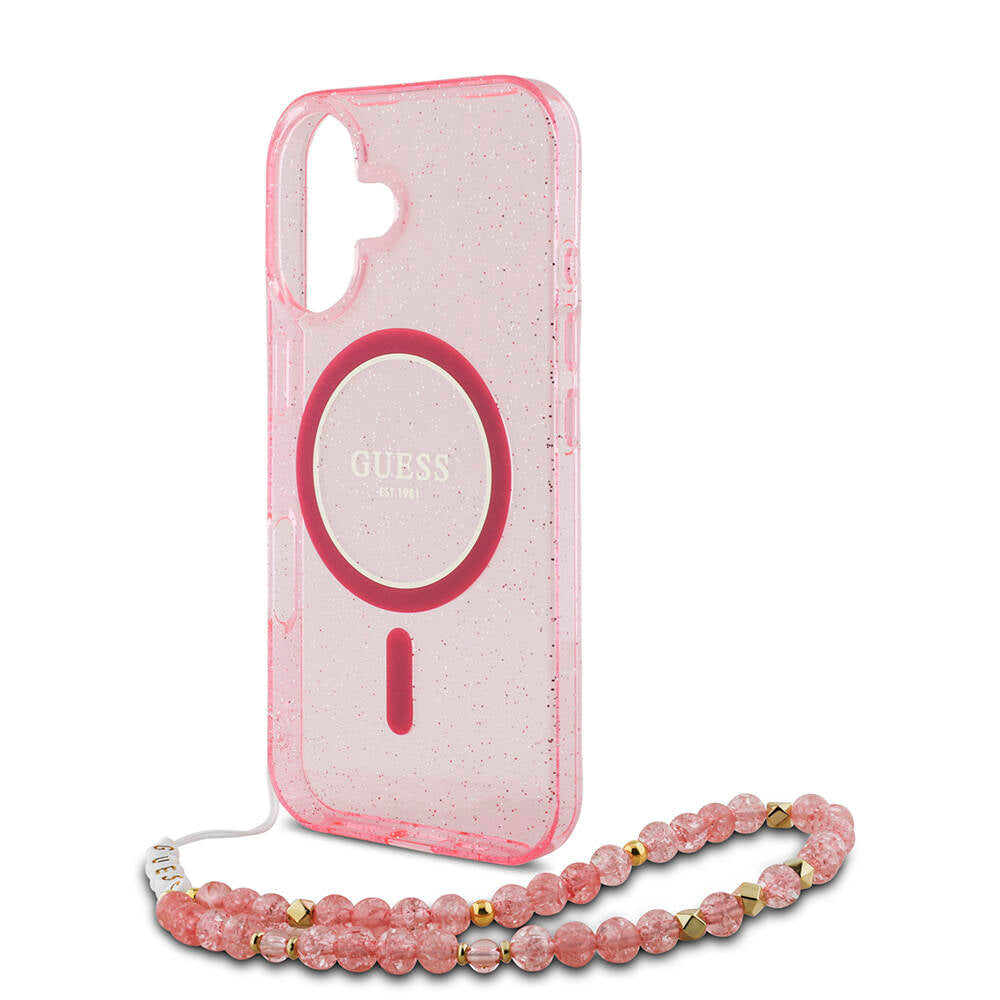 Apple iPhone 16 Plus Kılıf Guess Orjinal Lisanslı M-safe Şarj Özellikli Simli Silikon İnci Bileklikli Kapak Şeffaf