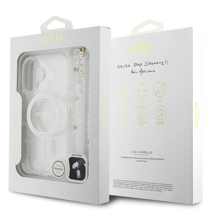 Apple iPhone 16 Plus Kılıf Guess Orjinal Lisanslı M-safe Şarj Özellikli Simli Silikon İnci Bileklikli Kapak Şeffaf