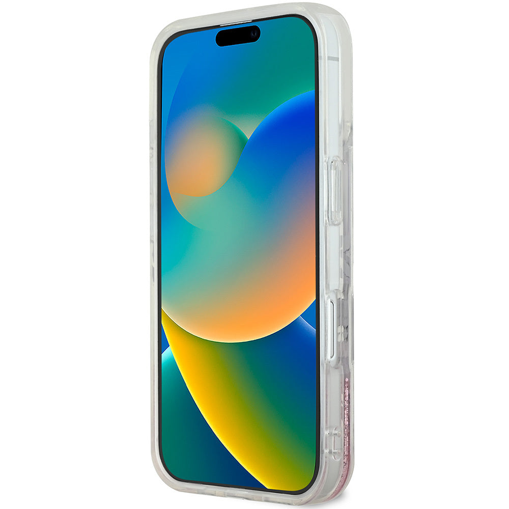 Apple iPhone 16 Plus Kılıf Guess Orjinal Lisanslı M-safe Şarj Özellikli Sıvılı Simli Çiçek Desenli Kapak Mor