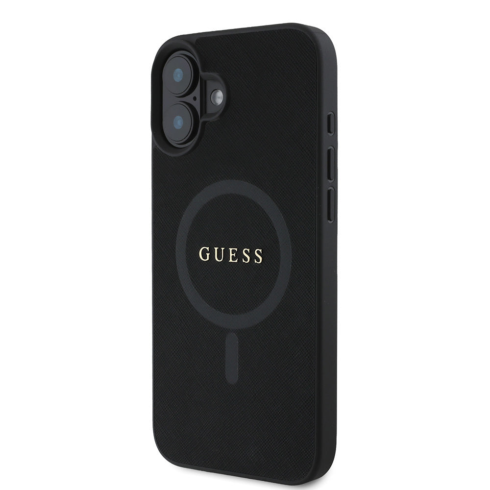 Apple iPhone 16 Plus Kılıf Guess Orjinal Lisanslı M-safe Şarj Özellikli Yazı Logolu Saffiano Classic Kapak Siyah