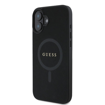 Apple iPhone 16 Plus Kılıf Guess Orjinal Lisanslı M-safe Şarj Özellikli Yazı Logolu Saffiano Classic Kapak Siyah