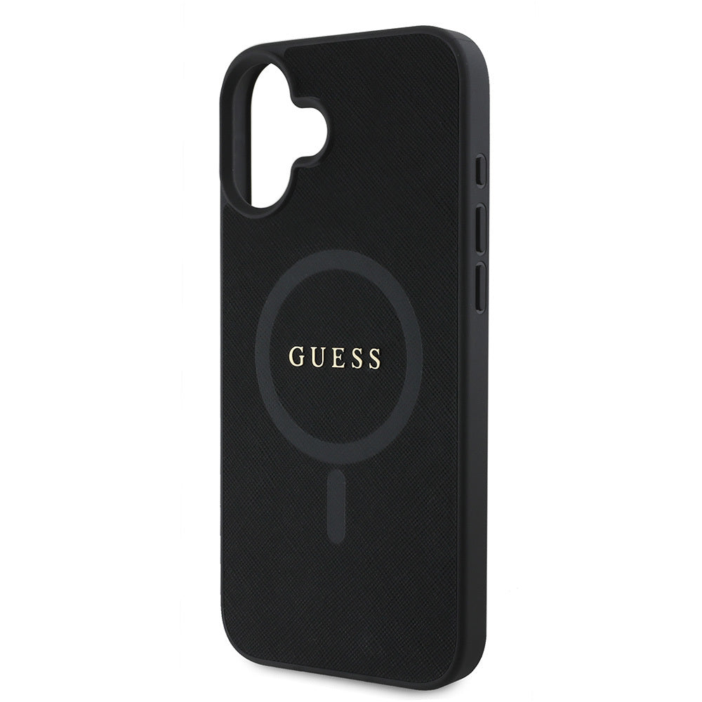 Apple iPhone 16 Plus Kılıf Guess Orjinal Lisanslı M-safe Şarj Özellikli Yazı Logolu Saffiano Classic Kapak Siyah