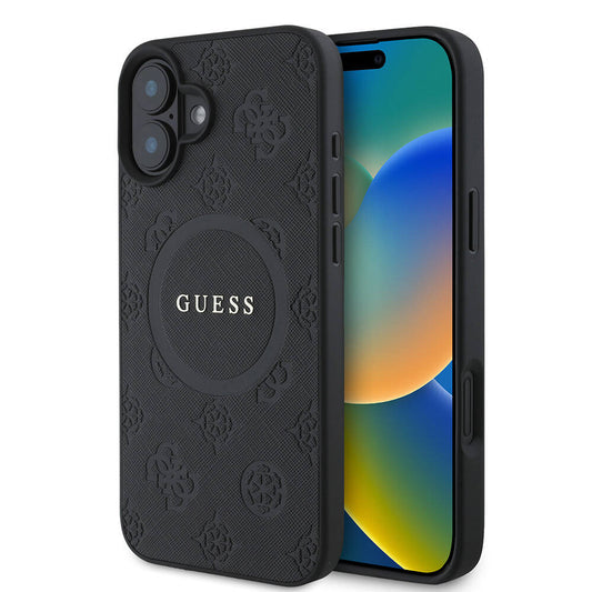 Apple iPhone 16 Plus Kılıf Guess Orjinal Lisanslı M-safe Şarj Özellikli Yazı Logolu Saffiano Peony Kapak Siyah