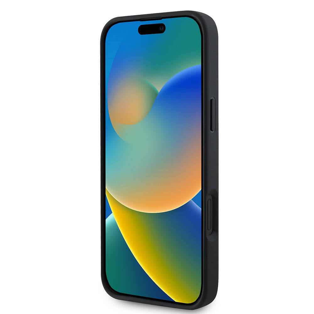 Apple iPhone 16 Plus Kılıf Guess Orjinal Lisanslı M-safe Şarj Özellikli Yazı Logolu Saffiano Peony Kapak Siyah