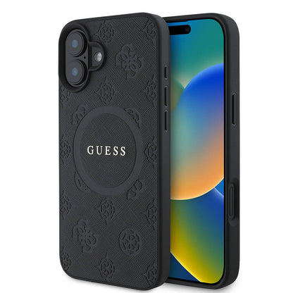 Apple iPhone 16 Plus Kılıf Guess Orjinal Lisanslı M-safe Şarj Özellikli Yazı Logolu Saffiano Peony Kapak Siyah