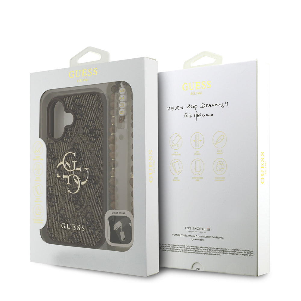 Apple iPhone 16 Plus Kılıf Guess Orjinal Lisanslı PU Deri Bilek Askı İpli Metal Büyük 4G ve Yazı Logolu Kapak Siyah