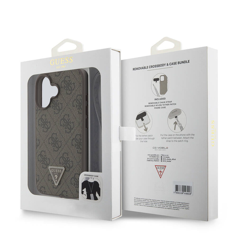 Apple iPhone 16 Plus Kılıf Guess Orjinal Lisanslı PU Deri Taşlı Metal Üçgen Logolu Çapraz Vücut Askılı 4G Desenli Kapak Pembe