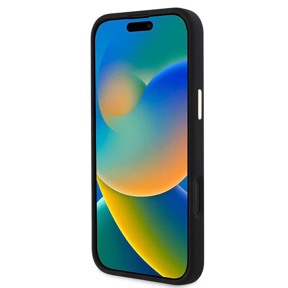 Apple iPhone 16 Plus Kılıf Guess Orjinal Lisanslı Yazı ve Taşlı 4G Logolu Metal Kamera Çerçeveli Silikon Kapak Siyah