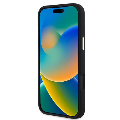 Apple iPhone 16 Plus Kılıf Guess Orjinal Lisanslı Yazı ve Taşlı 4G Logolu Metal Kamera Çerçeveli Silikon Kapak Siyah