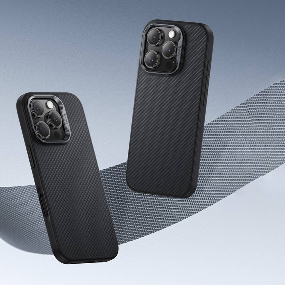 Apple iPhone 16 Plus Kılıf Karbon Fiber M-safe Şarj Özellikli Benks Hybrid ArmorPro 600D Kevlar Kapak Siyah
