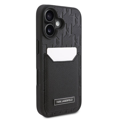 Apple iPhone 16 Plus Kılıf Karl Lagerfeld Orjinal Lisanslı Kartlıklı Cardslot Monogram Kapak Siyah