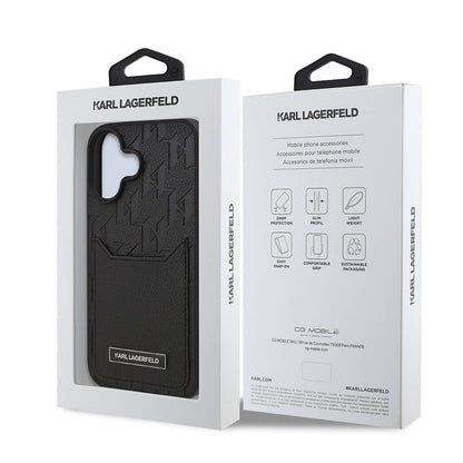 Apple iPhone 16 Plus Kılıf Karl Lagerfeld Orjinal Lisanslı Kartlıklı Cardslot Monogram Kapak Siyah