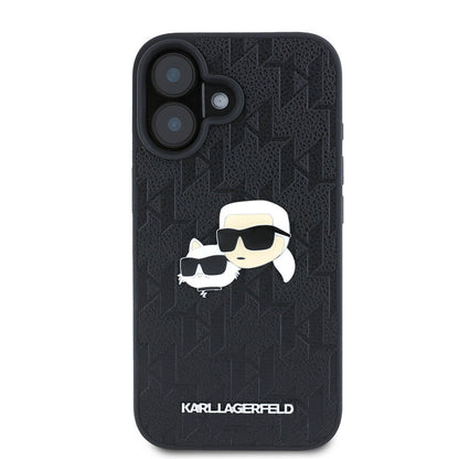 Apple iPhone 16 Plus Kılıf Karl Lagerfeld Orjinal Lisanslı K&C Heads Monogram Pin Kapak Siyah