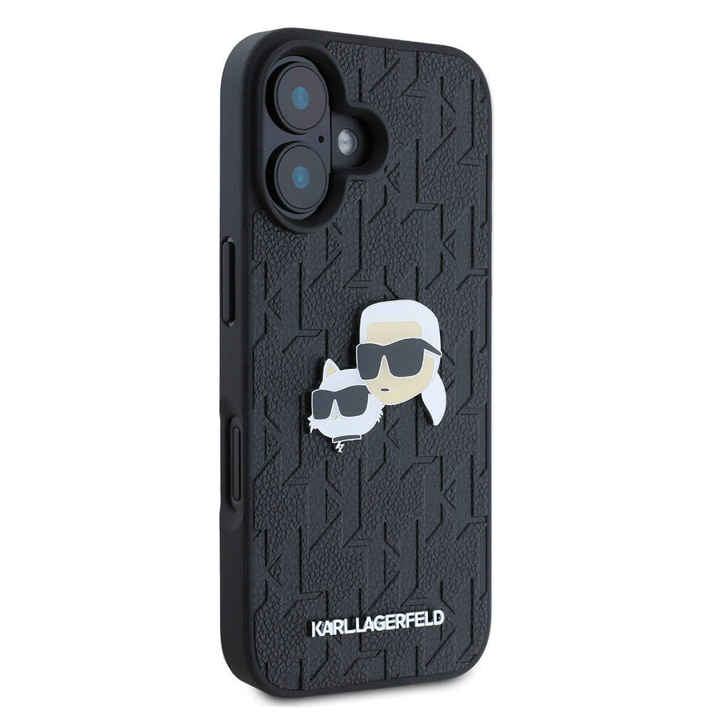 Apple iPhone 16 Plus Kılıf Karl Lagerfeld Orjinal Lisanslı K&C Heads Monogram Pin Kapak Siyah