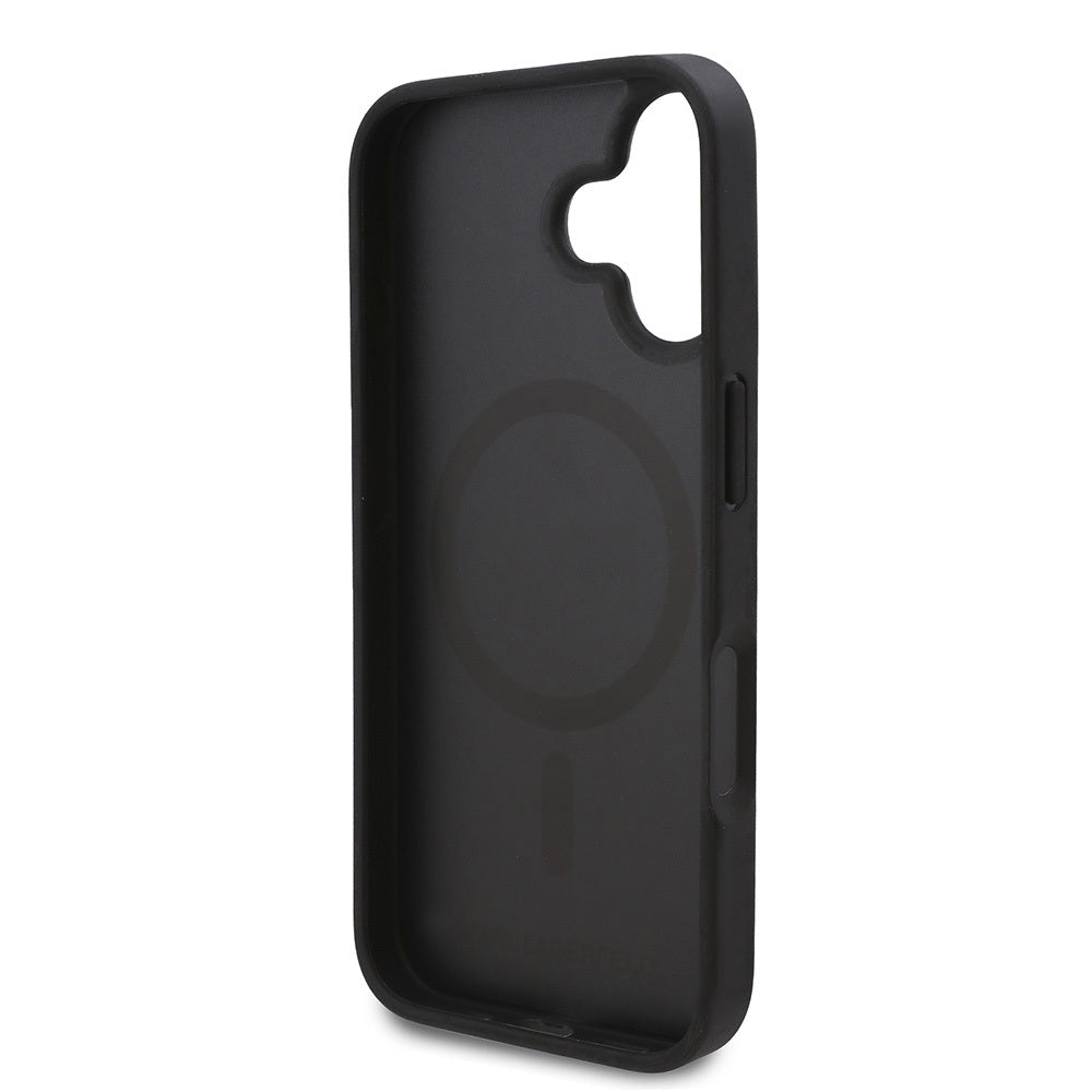 Apple iPhone 16 Plus Kılıf Karl Lagerfeld Orjinal Lisanslı M-safe Şarj Özellikli KL Yazılı Hot Stamp Kapak Siyah