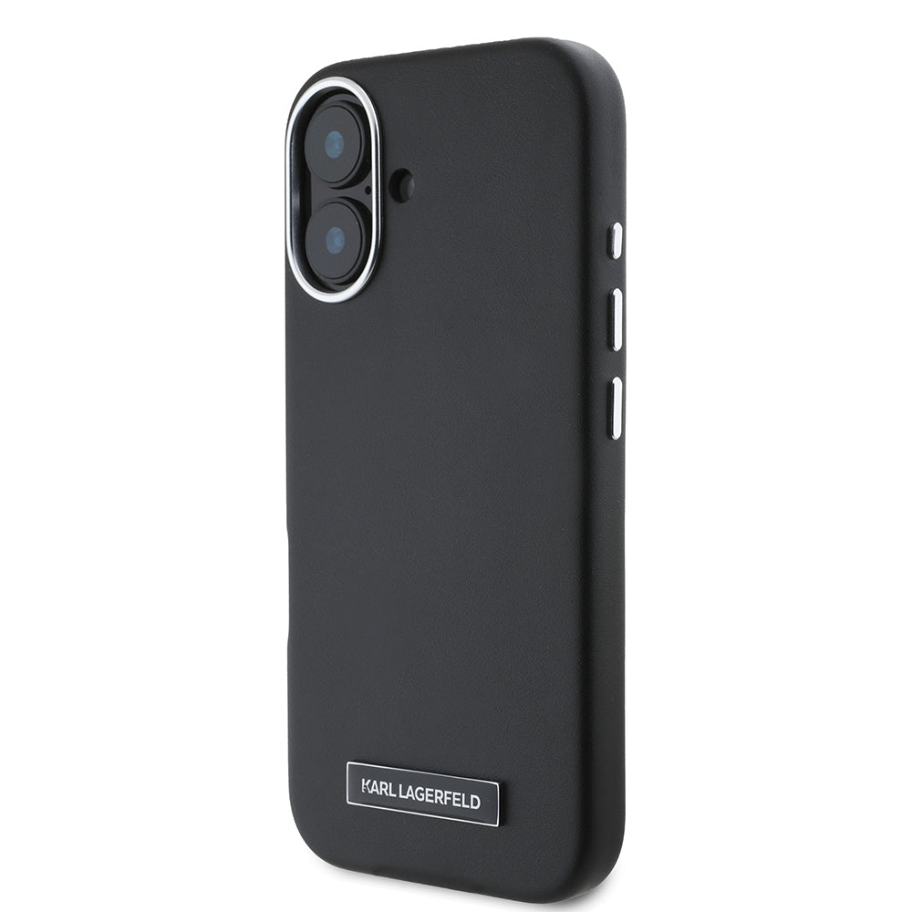 Apple iPhone 16 Plus Kılıf Karl Lagerfeld Orjinal Lisanslı M-safe Şarj Özellikli Metal Kamera ve Buton Tasarımlı Plaka Logolu PU Deri Kapak Siyah