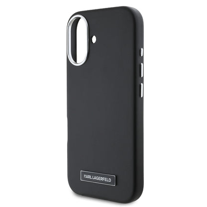 Apple iPhone 16 Plus Kılıf Karl Lagerfeld Orjinal Lisanslı M-safe Şarj Özellikli Metal Kamera ve Buton Tasarımlı Plaka Logolu PU Deri Kapak Siyah