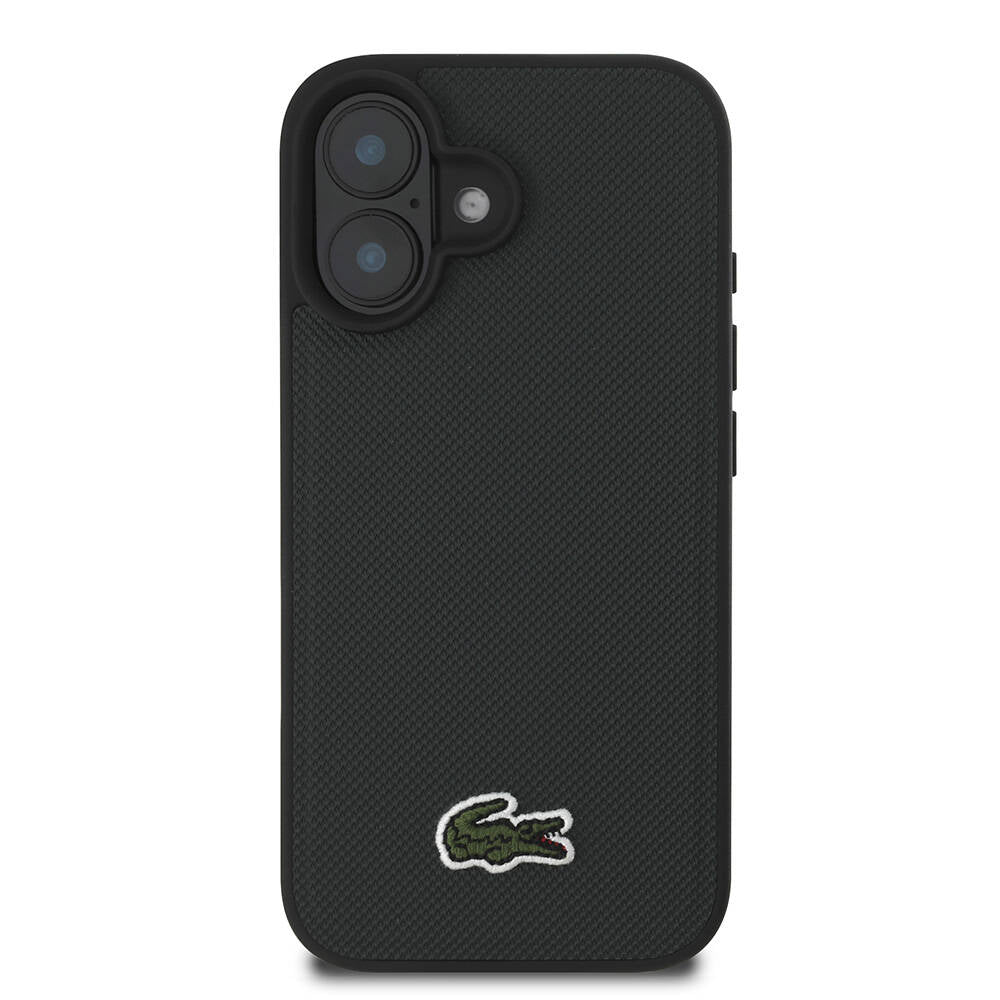 Apple iPhone 16 Plus Kılıf Lacoste Orjinal Lisanslı PU Pike Desenli Arka Yüzey İkonik Timsah Dokuma Logolu Kapak Siyah