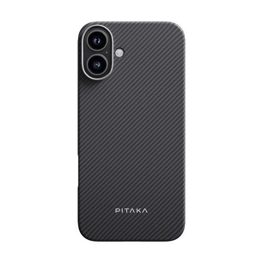 Apple iPhone 16 Plus Kılıf M-safe Şarj Özellikli 600D Aramid Fiber Pitaka Ultra-Slim Classic Serisi Black-Grey Twill Kapak Siyah
