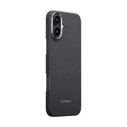 Apple iPhone 16 Plus Kılıf M-safe Şarj Özellikli 600D Aramid Fiber Pitaka Ultra-Slim Classic Serisi Black-Grey Twill Kapak Siyah