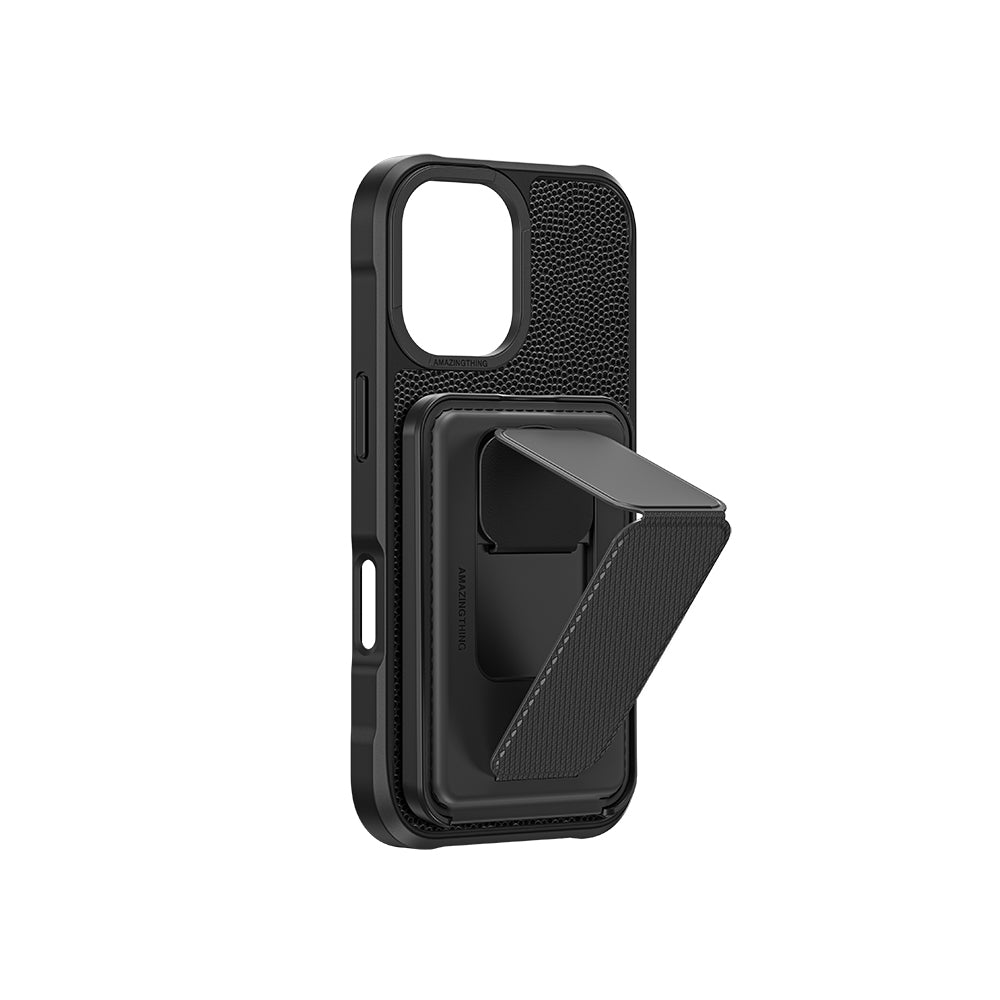 Apple iPhone 16 Plus Kılıf M-safe Şarj Özellikli Standlı Kartlıklı Set Amazinghing Glamour Luxe Serisi Kapak Siyah