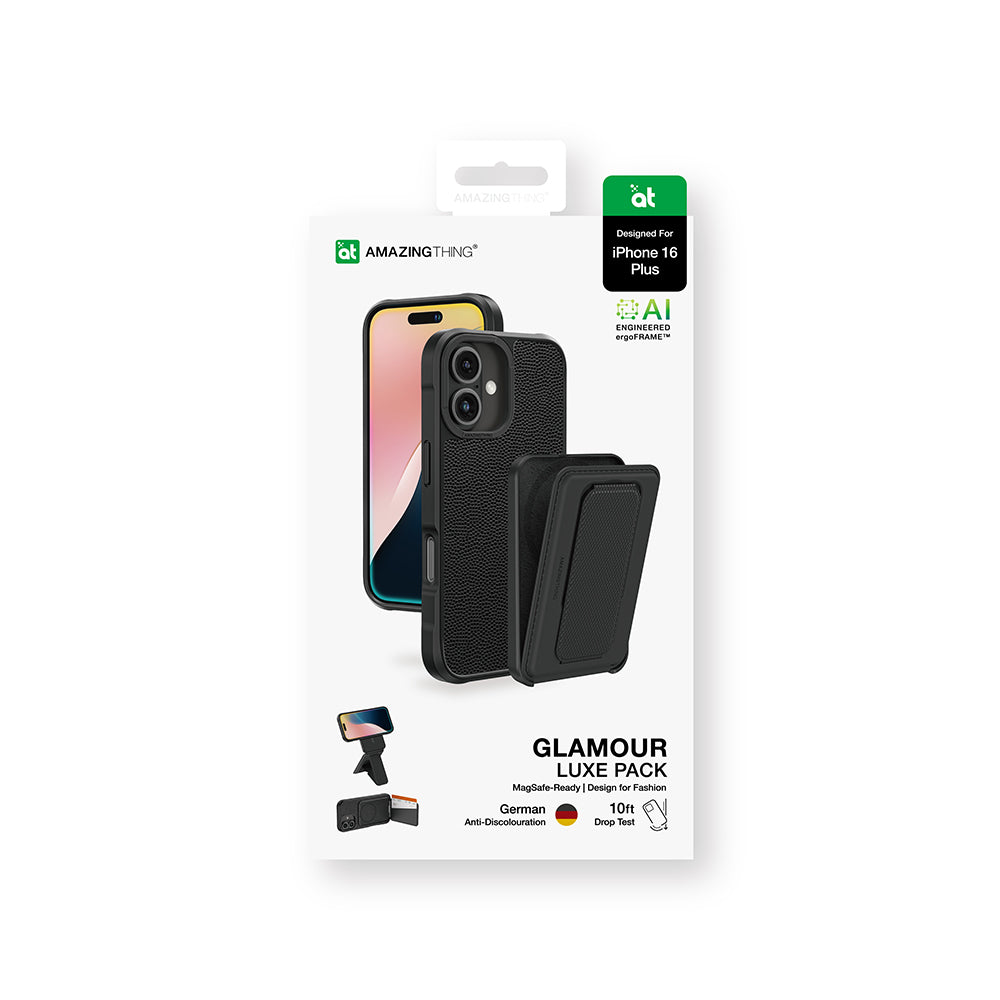 Apple iPhone 16 Plus Kılıf M-safe Şarj Özellikli Standlı Kartlıklı Set Amazinghing Glamour Luxe Serisi Kapak Siyah