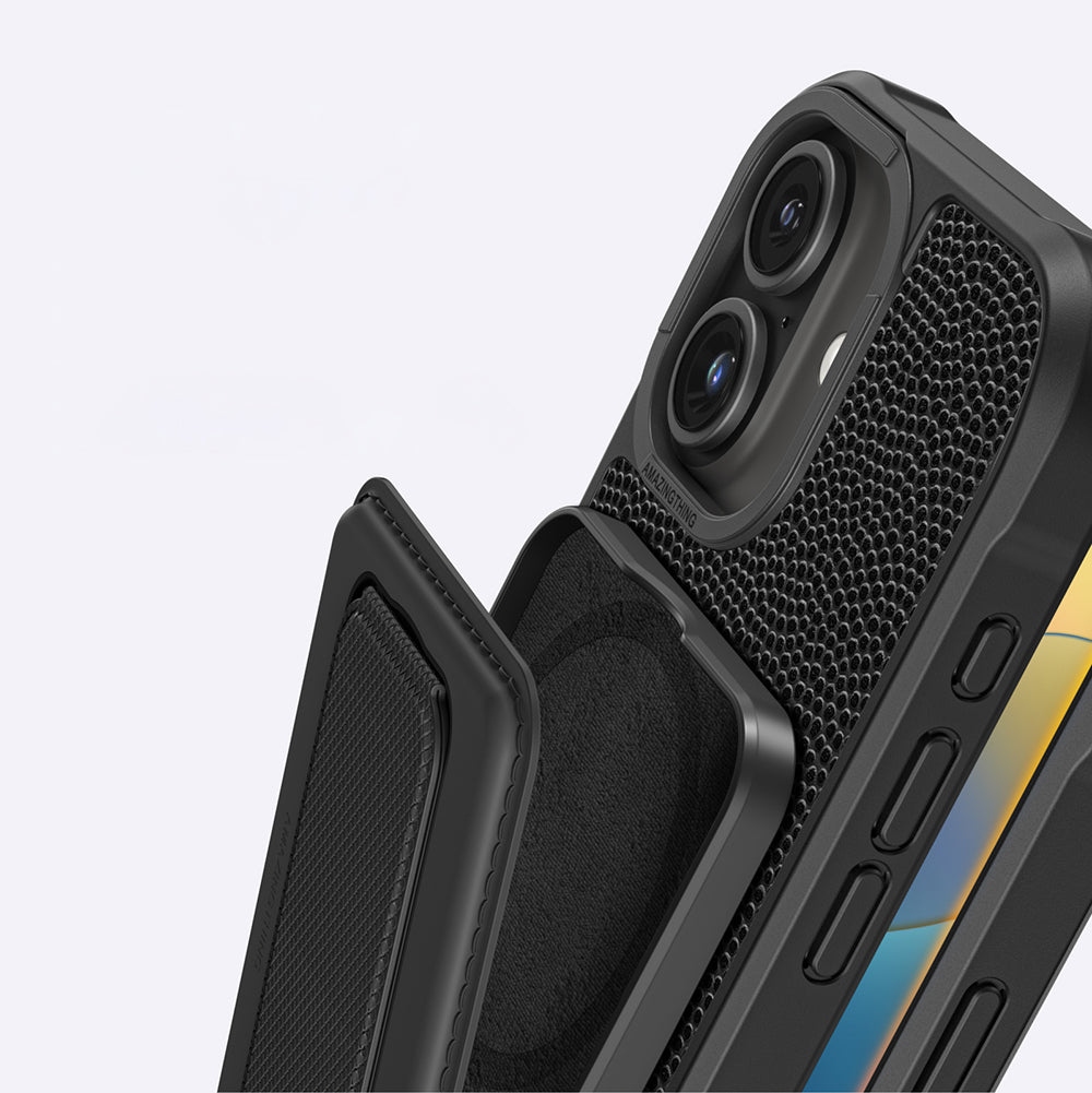 Apple iPhone 16 Plus Kılıf M-safe Şarj Özellikli Standlı Kartlıklı Set Amazinghing Glamour Luxe Serisi Kapak Siyah