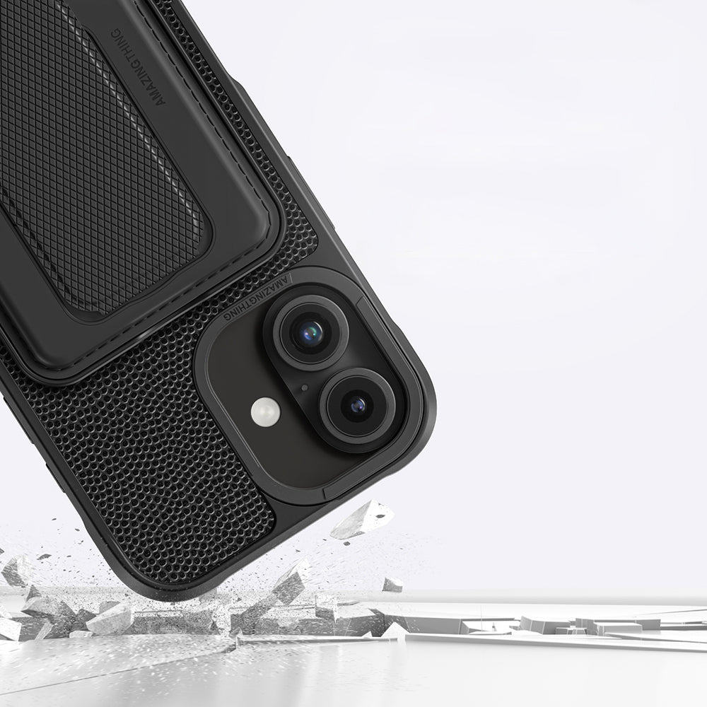 Apple iPhone 16 Plus Kılıf M-safe Şarj Özellikli Standlı Kartlıklı Set Amazinghing Glamour Luxe Serisi Kapak Siyah