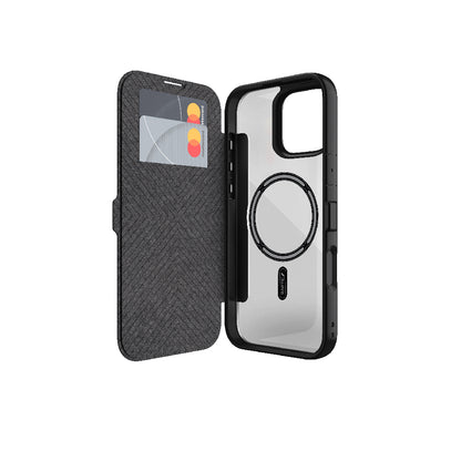 Apple iPhone 16 Plus Kılıf M-safe Şarj Özellikli Vegan Deri Tasarımlı Şeffaf Arka Yüzey Kartlıklı Raptic Urban Folio Serisi Kapak Siyah