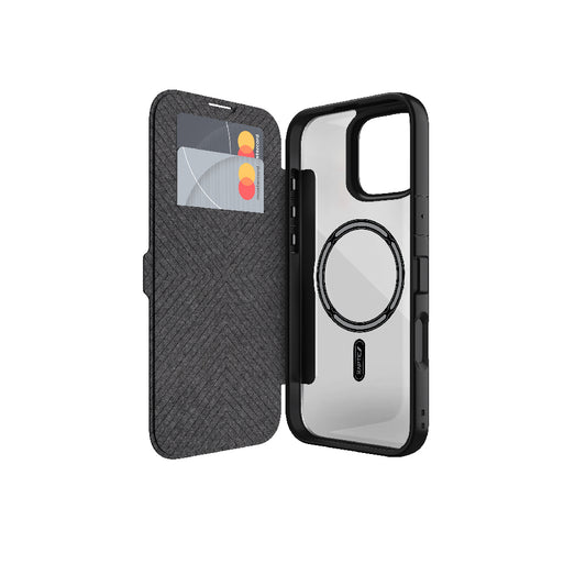 Apple iPhone 16 Plus Kılıf M-safe Şarj Özellikli Vegan Deri Tasarımlı Şeffaf Arka Yüzey Kartlıklı Raptic Urban Folio Serisi Kapak Siyah