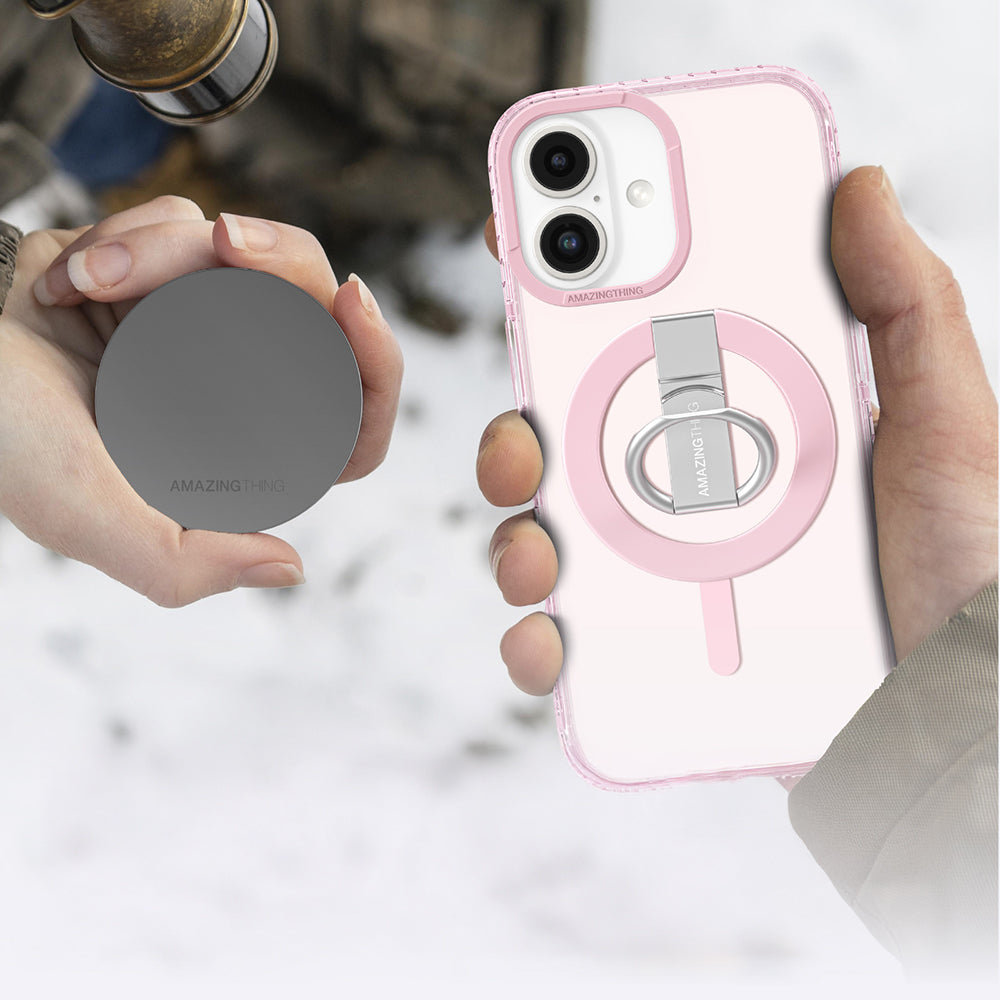 Apple iPhone 16 Plus Kılıf M-safe Şarj Özellikli Yüzük Standlı Amazingthing Titan Pro Serisi Kapak Pembe