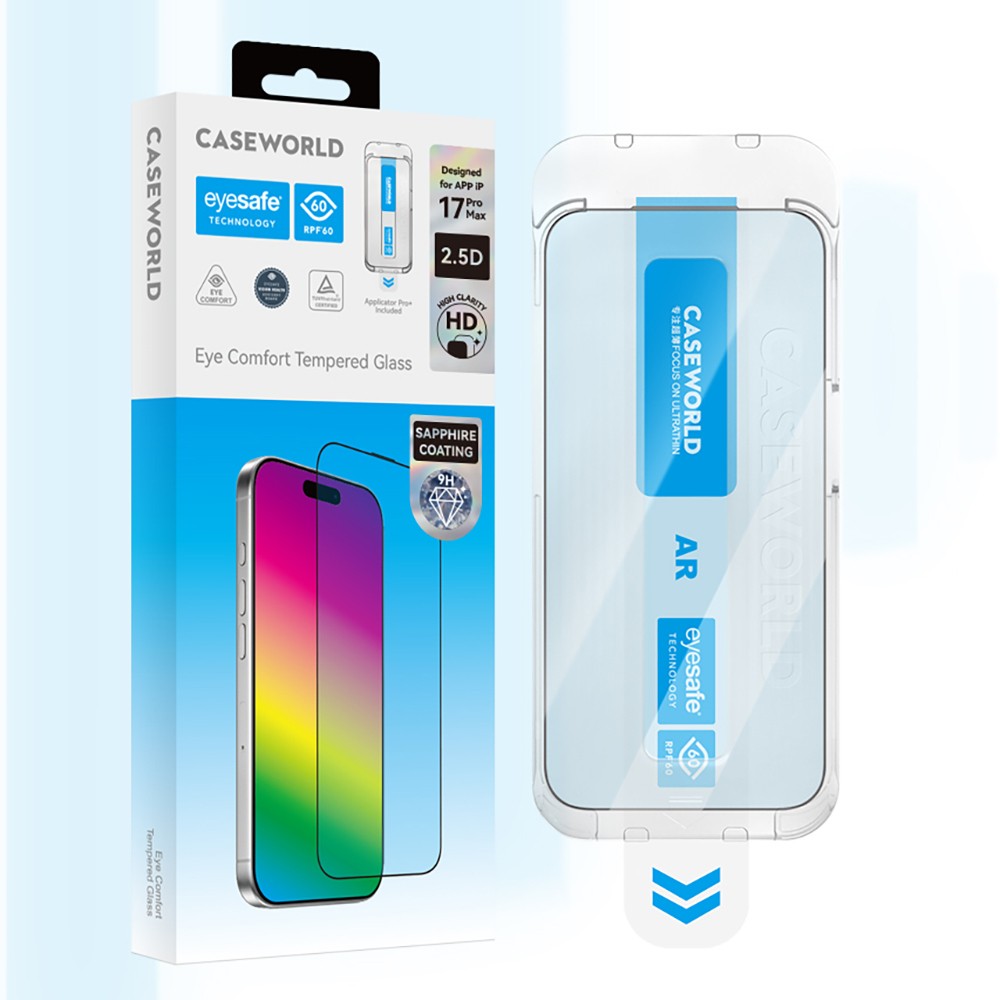 Apple iPhone 16 Pro CaseWorld Applicator Serisi 2.5D Eyesafe Mavi Işık Teknolojili Safir 0.33mm Temperli Cam Ekran Koruyucu + Uygulama Aparatı