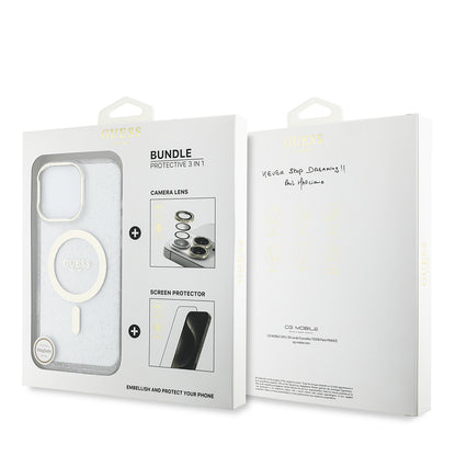 Apple iPhone 16 Pro Guess Orjinal Lisanslı 3'lü Aksesuar Seti IML Baskılı Simli Glitter Kılıf + Ekran Koruyucu + Lens Koruyucu Şeffaf