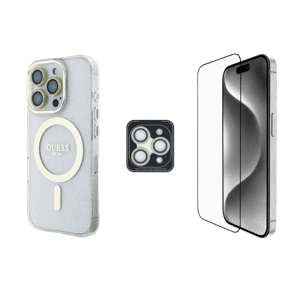 Apple iPhone 16 Pro Guess Orjinal Lisanslı 3'lü Aksesuar Seti IML Baskılı Simli Glitter Kılıf + Ekran Koruyucu + Lens Koruyucu Şeffaf