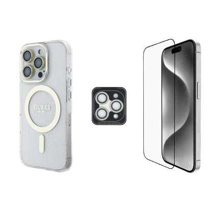 Apple iPhone 16 Pro Guess Orjinal Lisanslı 3'lü Aksesuar Seti IML Baskılı Simli Glitter Kılıf + Ekran Koruyucu + Lens Koruyucu Şeffaf