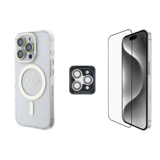 Apple iPhone 16 Pro Guess Orjinal Lisanslı 3'lü Aksesuar Seti IML Baskılı Simli Glitter Kılıf + Ekran Koruyucu + Lens Koruyucu Şeffaf