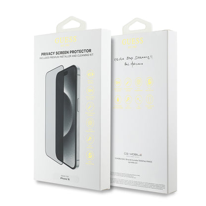 Apple iPhone 16 Pro Guess Orjinal Lisanslı Hayalet Privacy Temperli Cam Ekran Koruyucu Uygulama Aparatlı Outline Serisi Siyah