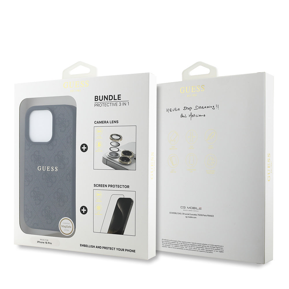 Apple iPhone 16 Pro Guess Orjinal Lisanslı Kılıf + Ekran Koruyucu + Lens Koruyucu 3in1 Aksesuar Seti Pembe