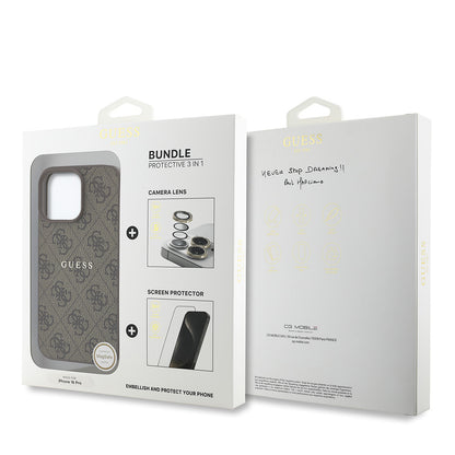 Apple iPhone 16 Pro Guess Orjinal Lisanslı Kılıf + Ekran Koruyucu + Lens Koruyucu 3in1 Aksesuar Seti Pembe