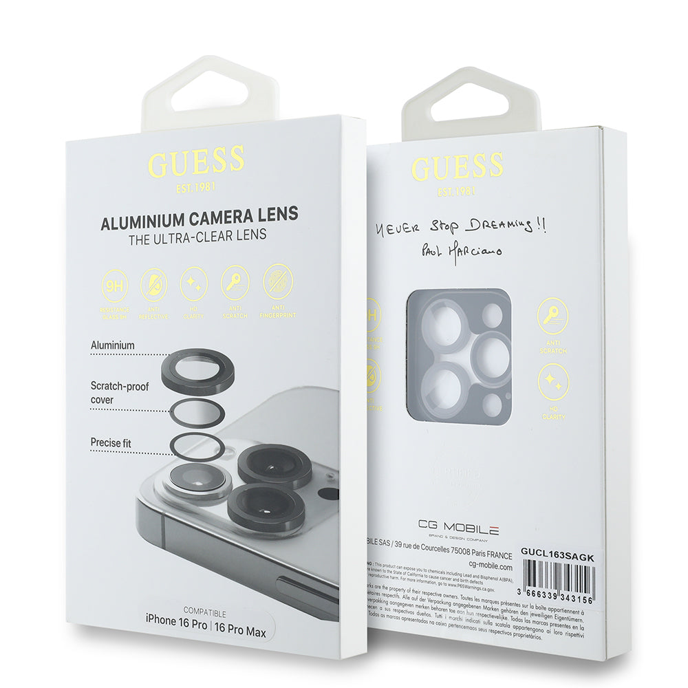 Apple iPhone 16 Pro Guess Orjinal Lisanslı Metal Kamera Lens Koruyucu Siyah