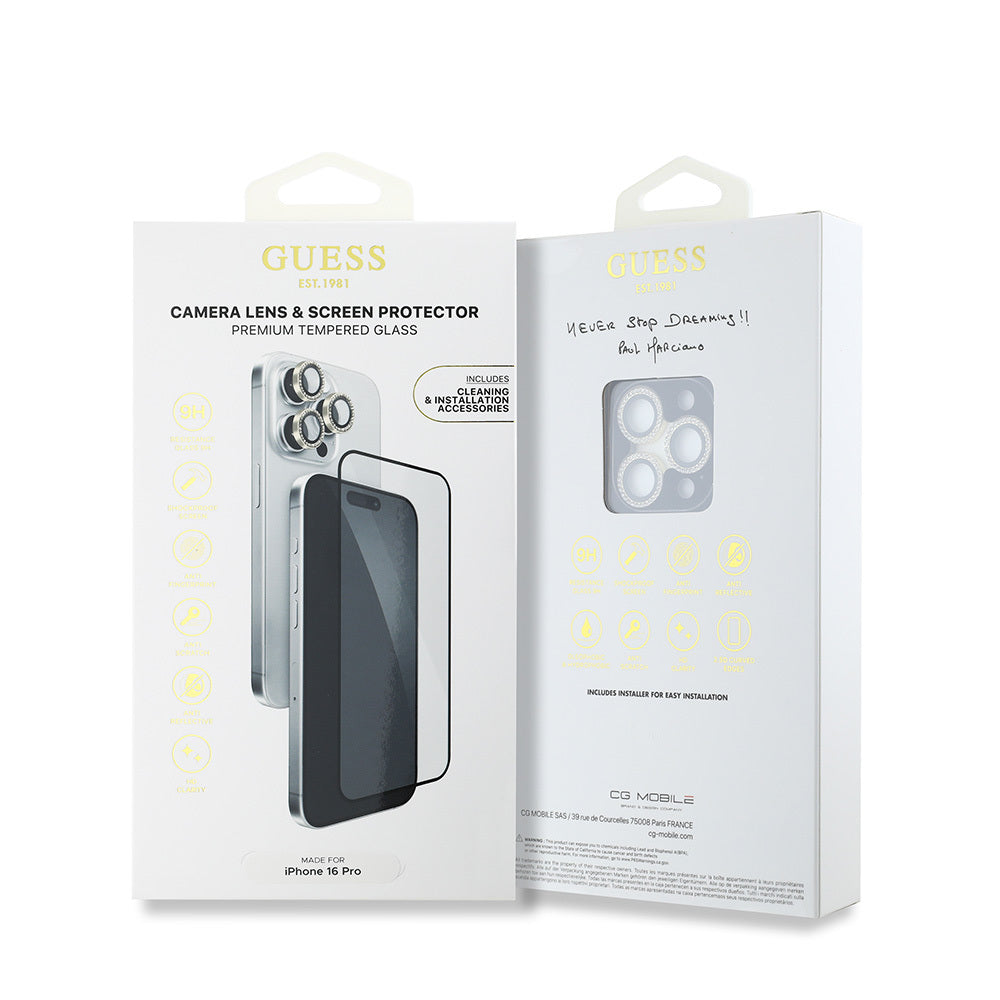 Apple iPhone 16 Pro Guess Orjinal Lisanslı Rhinestone Ekran Koruyucu + Lens Koruyucu 2in1 Aksesuar Seti Gümüş